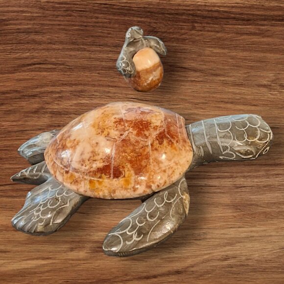 Hand Carved Marble Stone Sea Turtle with Hatchling - Unique Set - Picture 1 of 8